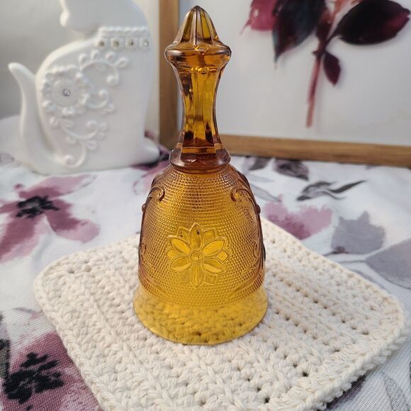 Vintage Amber Glass Bell 6.25" Floral Embossed Decorative Collectible Accent - Picture 2 of 6